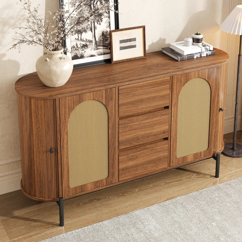Buffet ovale effet bois noyer et rotin, pieds métal noir 140x38x77,5cm BIRCHOTTOMAN