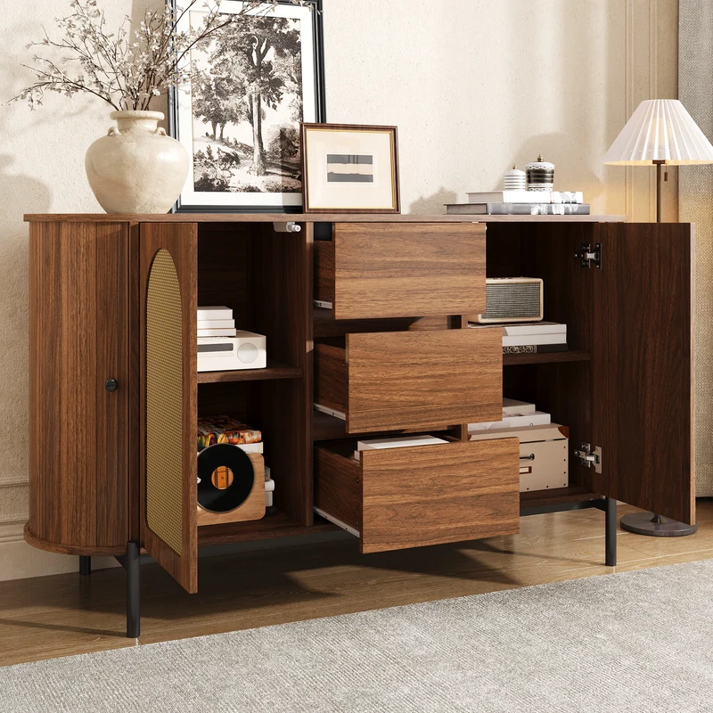 Buffet ovale effet bois noyer et rotin, pieds métal noir 140x38x77,5cm BIRCHOTTOMAN