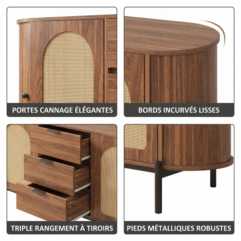 Buffet ovale effet bois noyer et rotin, pieds métal noir 140x38x77,5cm BIRCHOTTOMAN