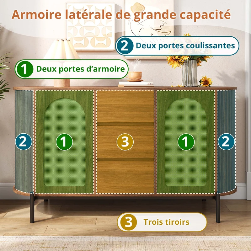 Buffet ovale effet bois noyer et rotin, pieds métal noir 140x38x77,5cm BIRCHOTTOMAN