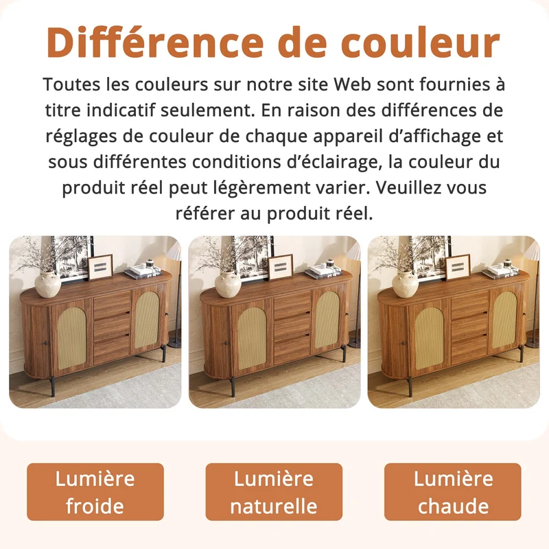 Buffet ovale effet bois noyer et rotin, pieds métal noir 140x38x77,5cm BIRCHOTTOMAN