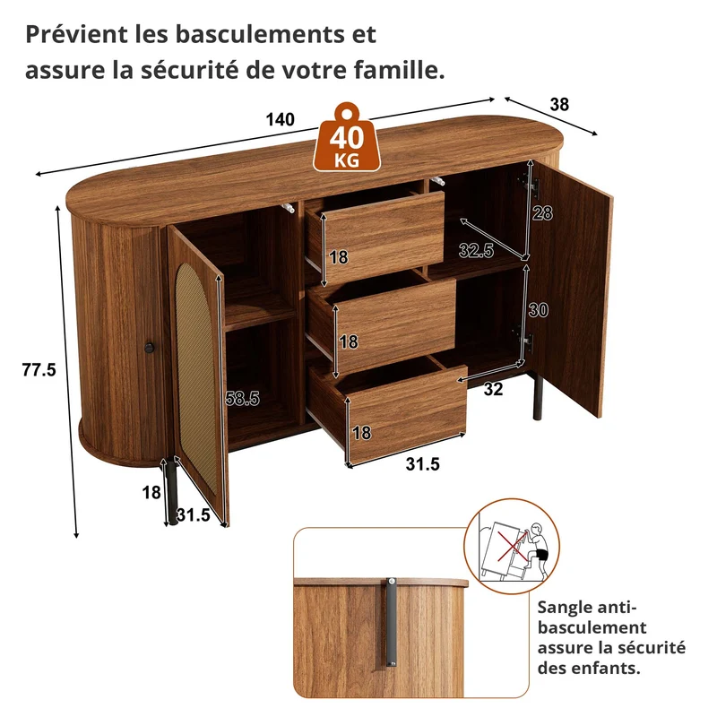 Buffet ovale effet bois noyer et rotin, pieds métal noir 140x38x77,5cm BIRCHOTTOMAN