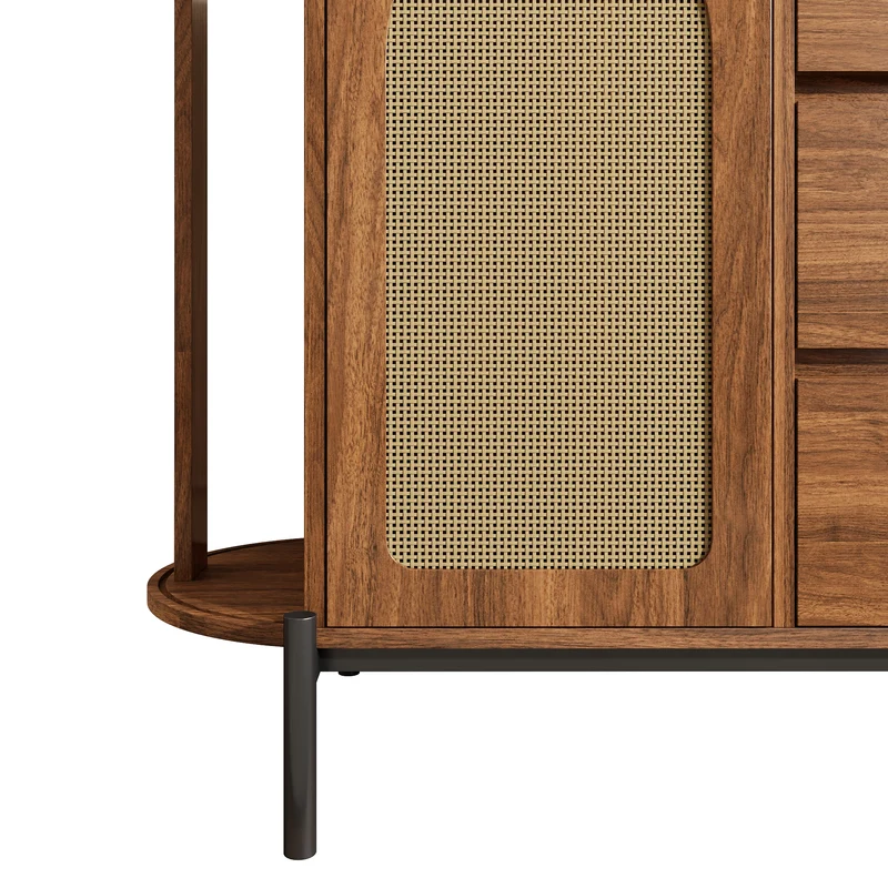 Buffet ovale effet bois noyer et rotin, pieds métal noir 140x38x77,5cm BIRCHOTTOMAN