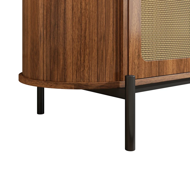 Buffet ovale effet bois noyer et rotin, pieds métal noir 140x38x77,5cm BIRCHOTTOMAN