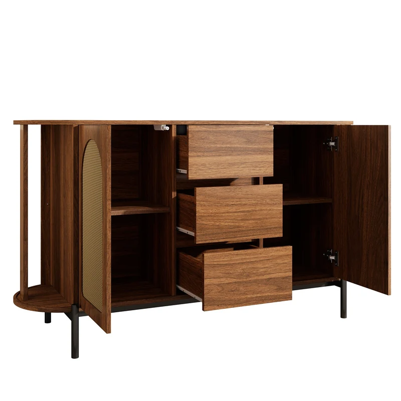 Buffet ovale effet bois noyer et rotin, pieds métal noir 140x38x77,5cm BIRCHOTTOMAN