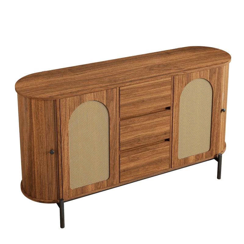 Buffet ovale effet bois noyer et rotin, pieds métal noir 140x38x77,5cm BIRCHOTTOMAN