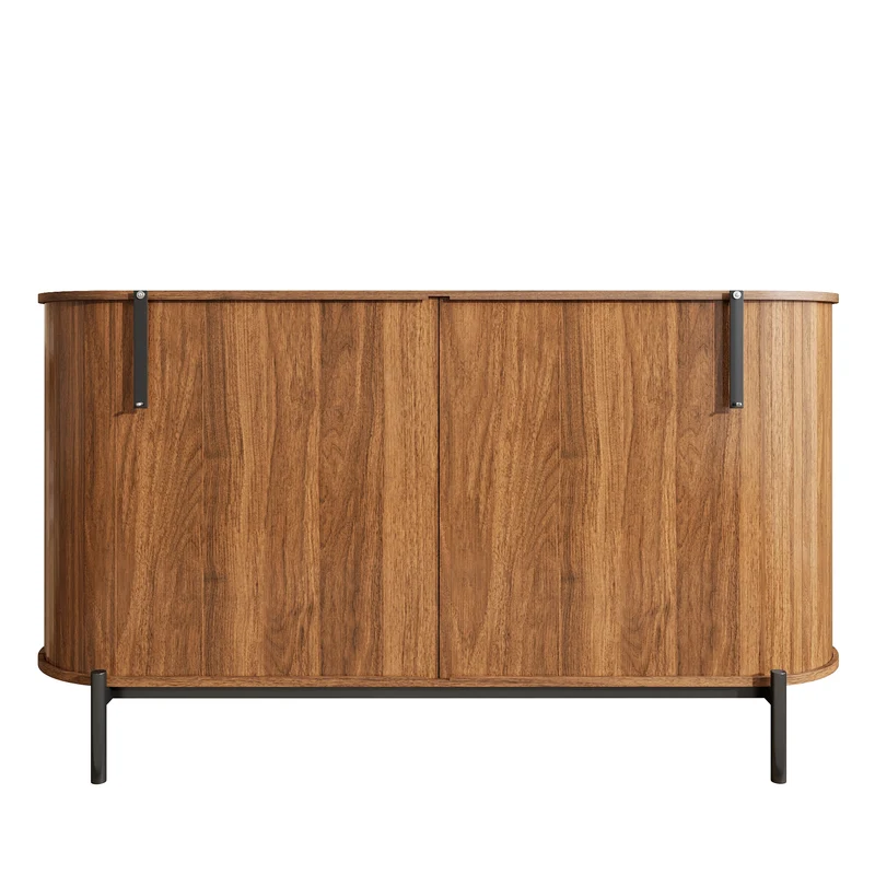 Buffet ovale effet bois noyer et rotin, pieds métal noir 140x38x77,5cm BIRCHOTTOMAN