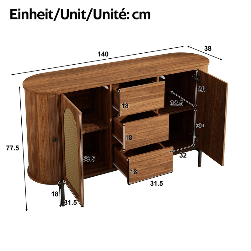 Buffet ovale effet bois noyer et rotin, pieds métal noir 140x38x77,5cm BIRCHOTTOMAN