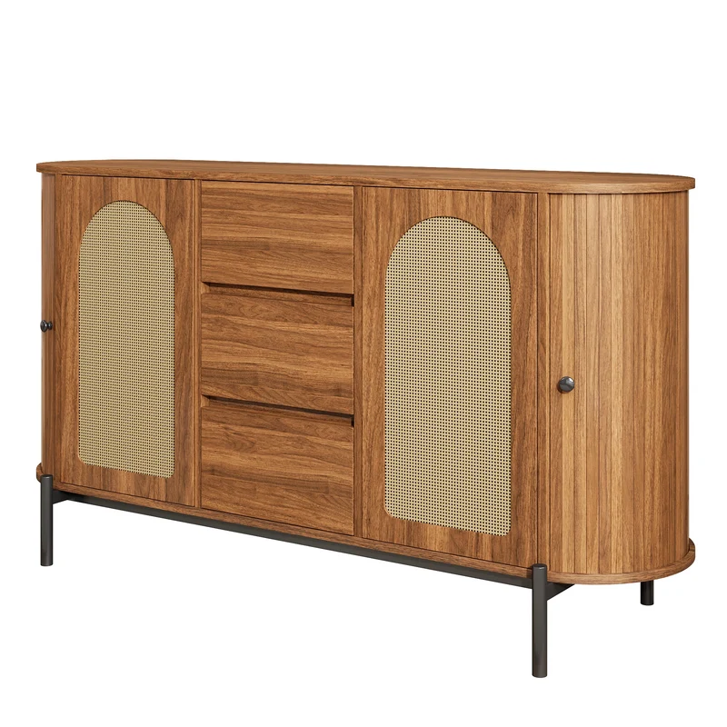 Buffet ovale effet bois noyer et rotin, pieds métal noir 140x38x77,5cm BIRCHOTTOMAN