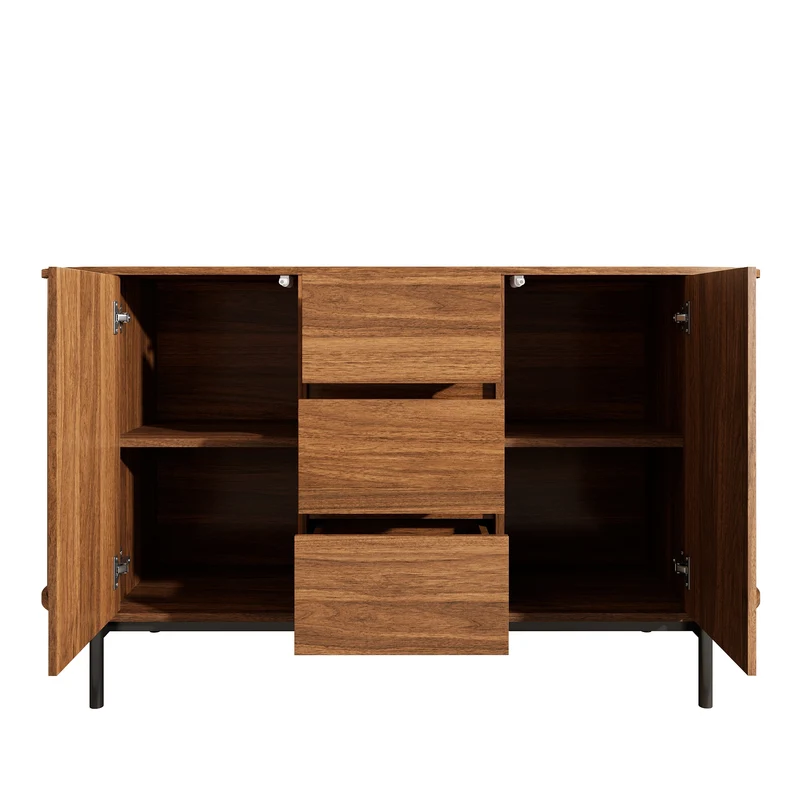 Buffet ovale effet bois noyer et rotin, pieds métal noir 140x38x77,5cm BIRCHOTTOMAN