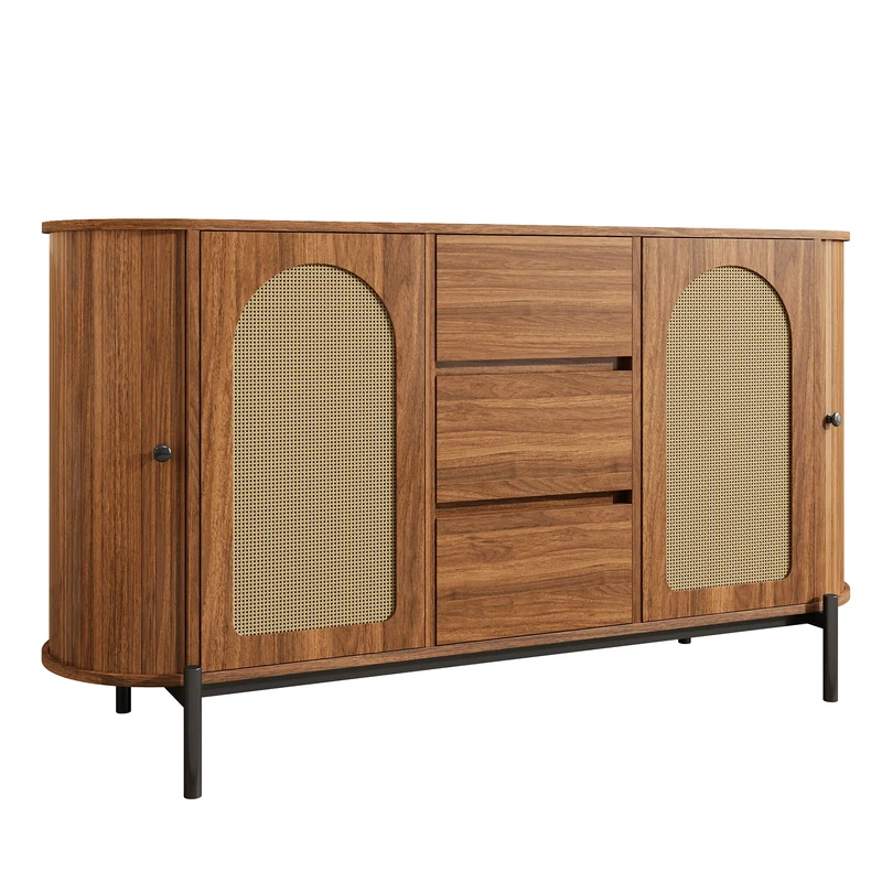 Buffet ovale effet bois noyer et rotin, pieds métal noir 140x38x77,5cm BIRCHOTTOMAN