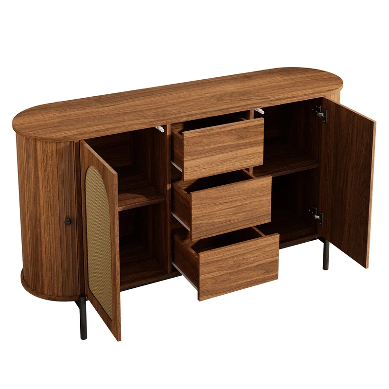 Buffet ovale effet bois noyer et rotin, pieds métal noir 140x38x77,5cm BIRCHOTTOMAN