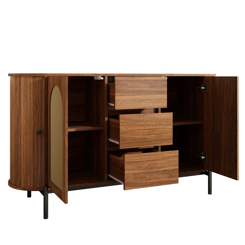 Buffet ovale effet bois noyer et rotin, pieds métal noir 140x38x77,5cm BIRCHOTTOMAN