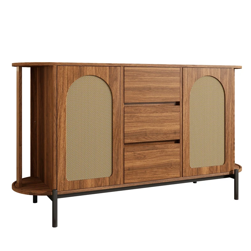 Buffet ovale effet bois noyer et rotin, pieds métal noir 140x38x77,5cm BIRCHOTTOMAN