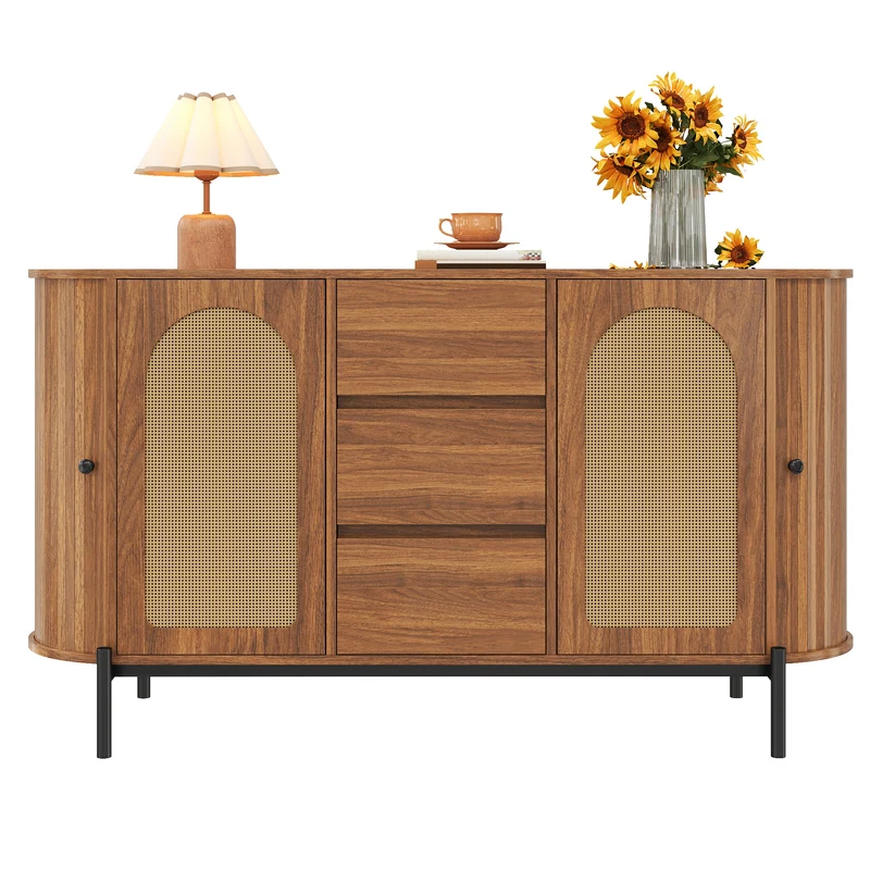 Buffet ovale effet bois noyer et rotin, pieds métal noir 140x38x77,5cm BIRCHOTTOMAN