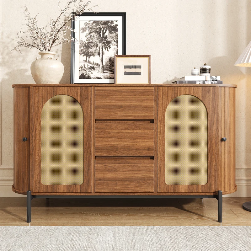 Buffet ovale effet bois noyer et rotin, pieds métal noir 140x38x77,5cm BIRCHOTTOMAN