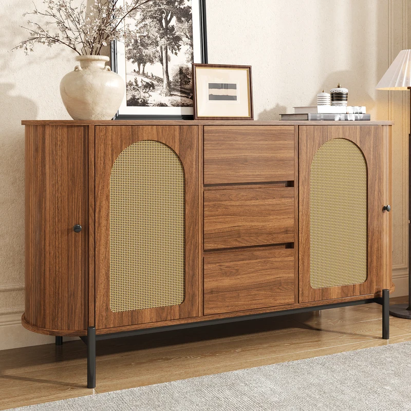 Buffet ovale effet bois noyer et rotin, pieds métal noir 140x38x77,5cm BIRCHOTTOMAN