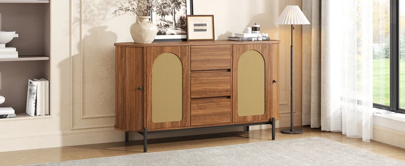 Buffet ovale effet bois noyer et rotin, pieds métal noir 140x38x77,5cm BIRCHOTTOMAN