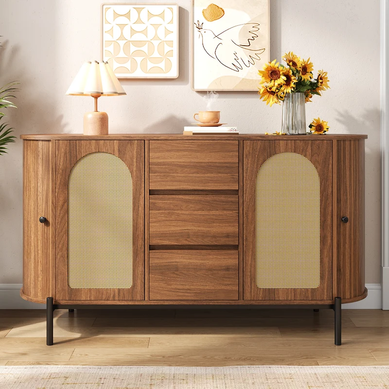 Buffet ovale effet bois noyer et rotin, pieds métal noir 140x38x77,5cm BIRCHOTTOMAN