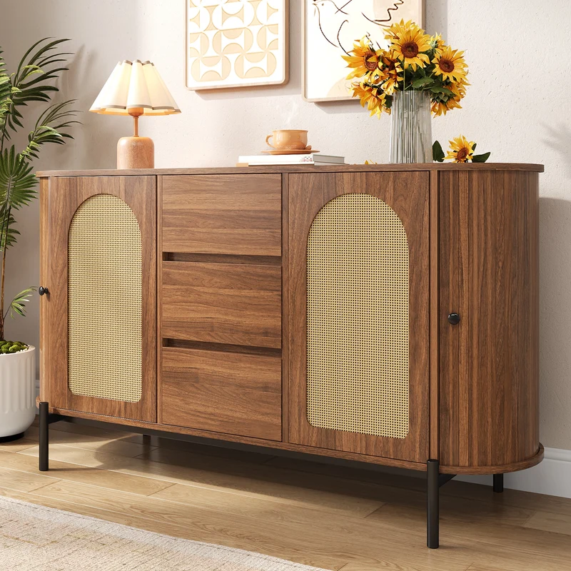 Buffet ovale effet bois noyer et rotin, pieds métal noir 140x38x77,5cm BIRCHOTTOMAN