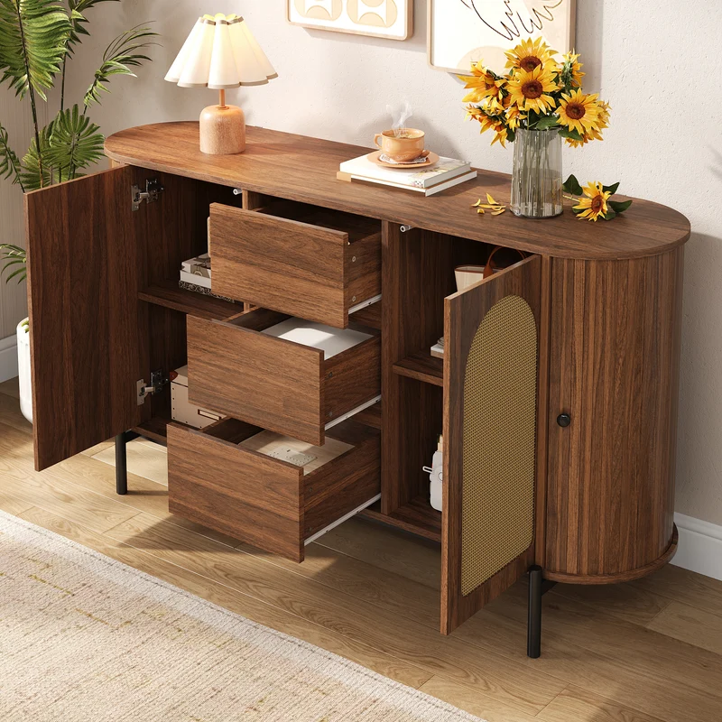 Buffet ovale effet bois noyer et rotin, pieds métal noir 140x38x77,5cm BIRCHOTTOMAN