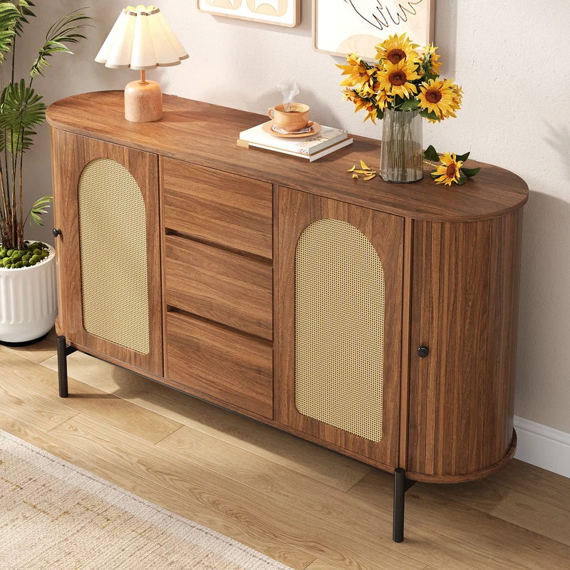 Buffet ovale effet bois noyer et rotin, pieds métal noir 140x38x77,5cm BIRCHOTTOMAN
