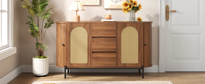 Buffet ovale effet bois noyer et rotin, pieds métal noir 140x38x77,5cm BIRCHOTTOMAN