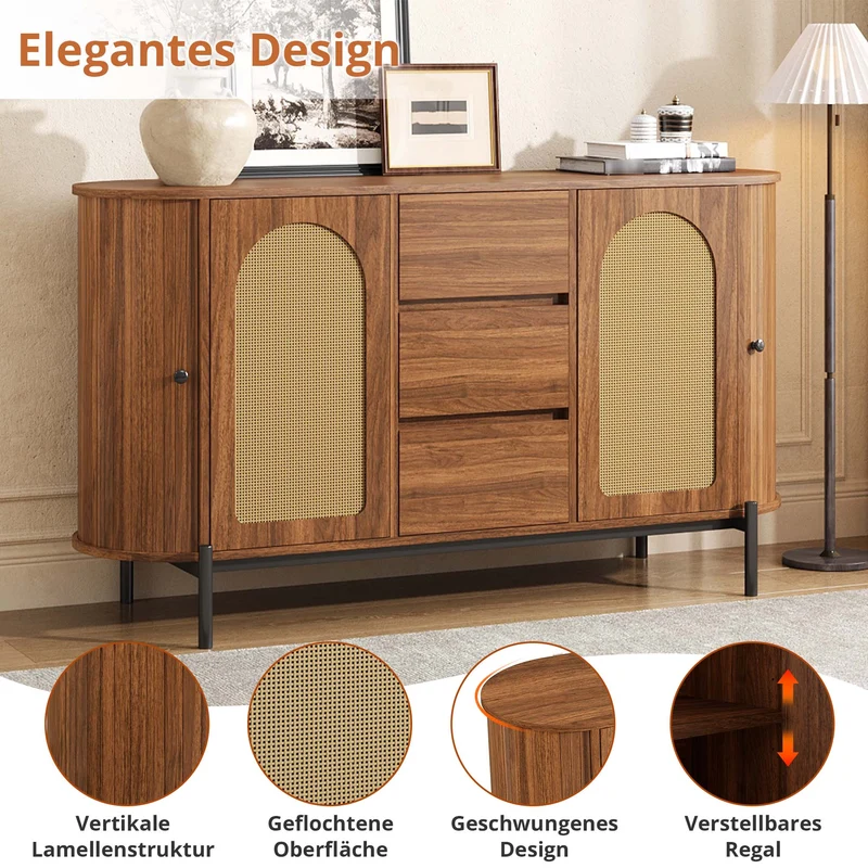 Buffet ovale effet bois noyer et rotin, pieds métal noir 140x38x77,5cm BIRCHOTTOMAN
