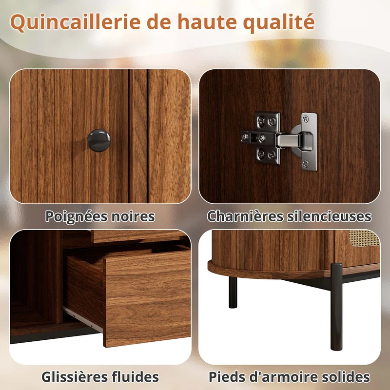 Buffet ovale effet bois noyer et rotin, pieds métal noir 140x38x77,5cm BIRCHOTTOMAN
