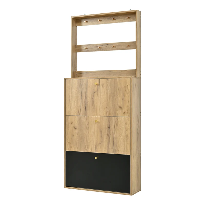 Meuble à chaussures grand, effet bois naturel & noir, 3 abattants avec crochets BENCHONE