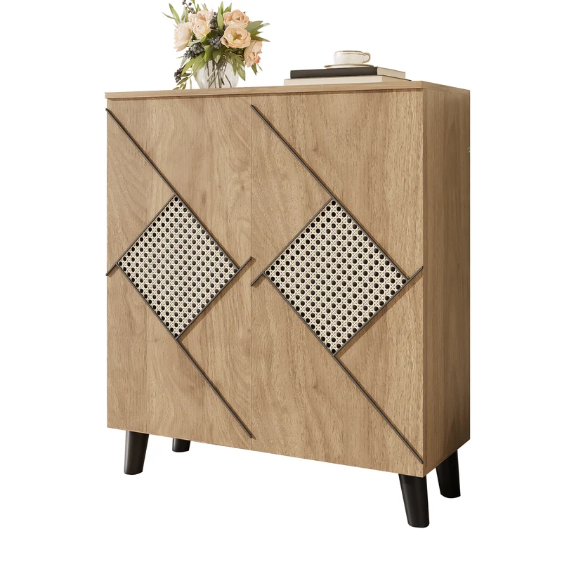 Meuble à chaussures effet bois bohème motifs losanges en rotin 80×32×91 cm RAWYARN