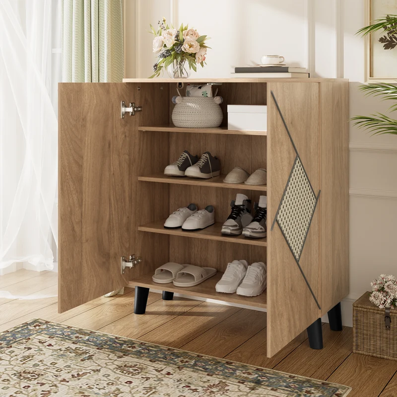 Meuble à chaussures effet bois bohème motifs losanges en rotin 80×32×91 cm RAWYARN