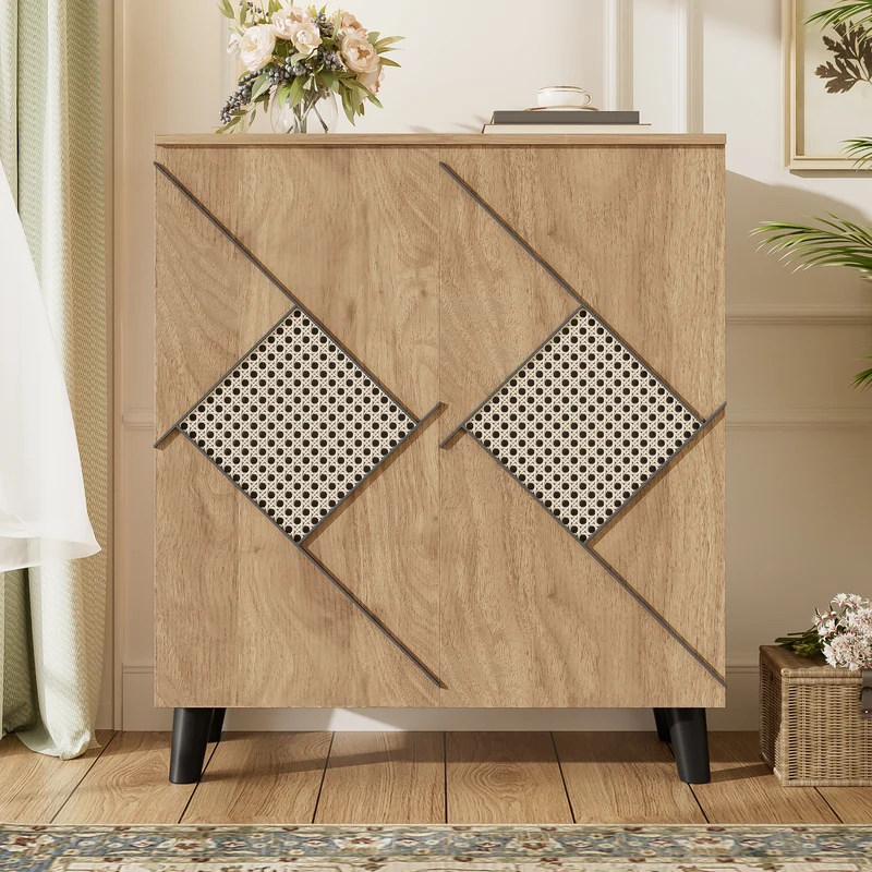 Meuble à chaussures effet bois bohème motifs losanges en rotin 80×32×91 cm RAWYARN