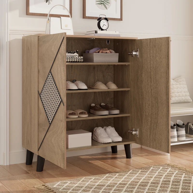 Meuble à chaussures effet bois bohème motifs losanges en rotin 80×32×91 cm RAWYARN