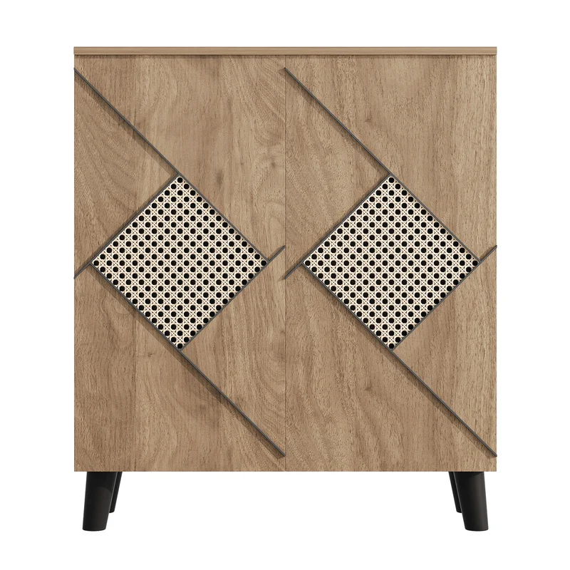 Meuble à chaussures effet bois bohème motifs losanges en rotin 80×32×91 cm RAWYARN