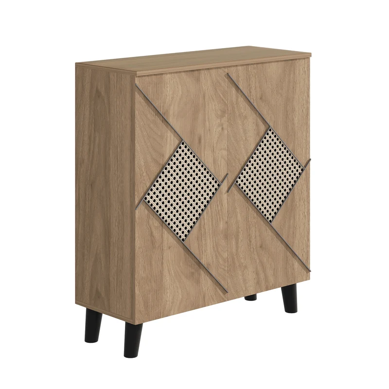 Meuble à chaussures effet bois bohème motifs losanges en rotin 80×32×91 cm RAWYARN