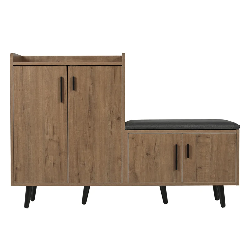 Meuble à chaussures effet bois naturel, 4 portes, banc tissu gris 120x34x82cm ARMOIREAIR