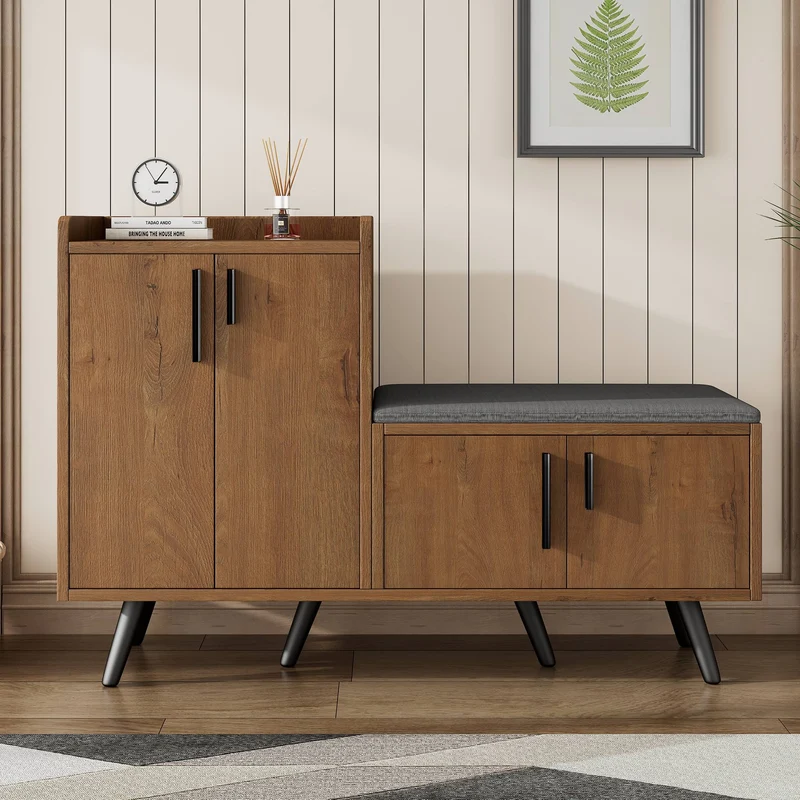Meuble à chaussures effet bois naturel, 4 portes, banc tissu gris 120x34x82cm ARMOIREAIR