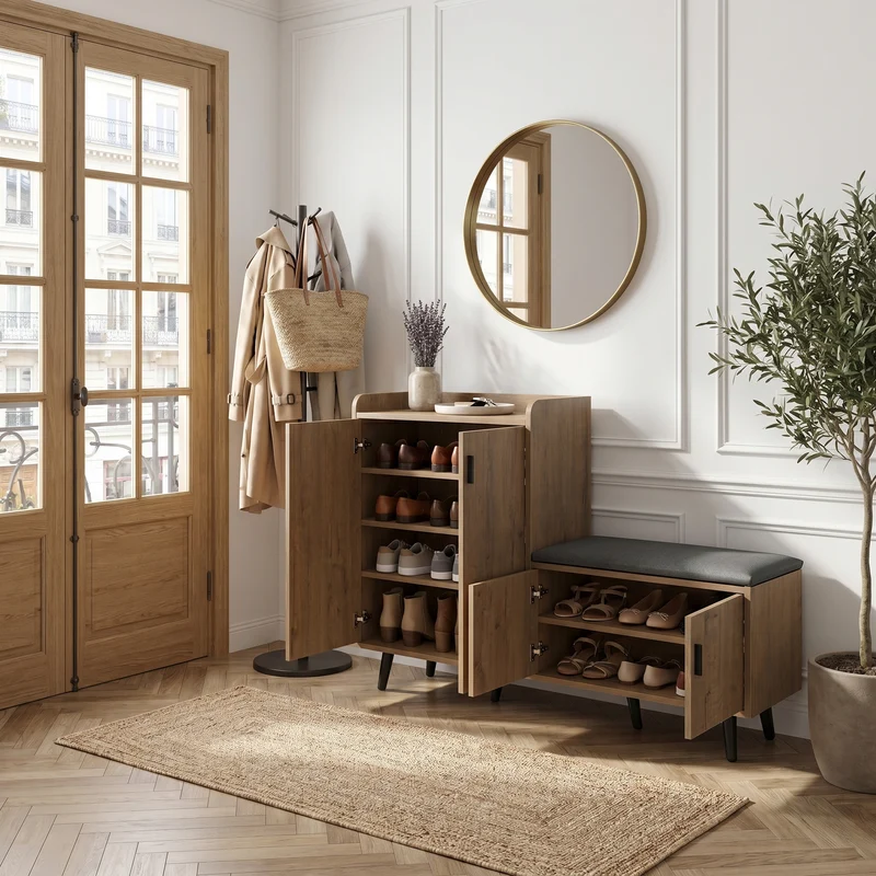 Meuble à chaussures effet bois naturel, 4 portes, banc tissu gris 120x34x82cm ARMOIREAIR