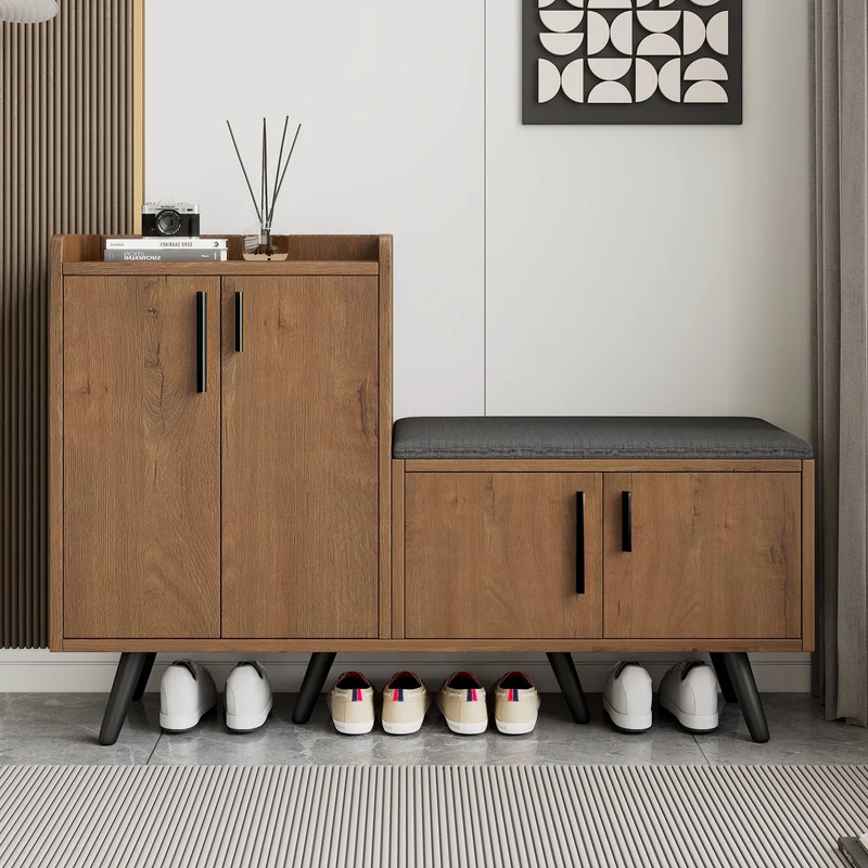 Meuble à chaussures effet bois naturel, 4 portes, banc tissu gris 120x34x82cm ARMOIREAIR