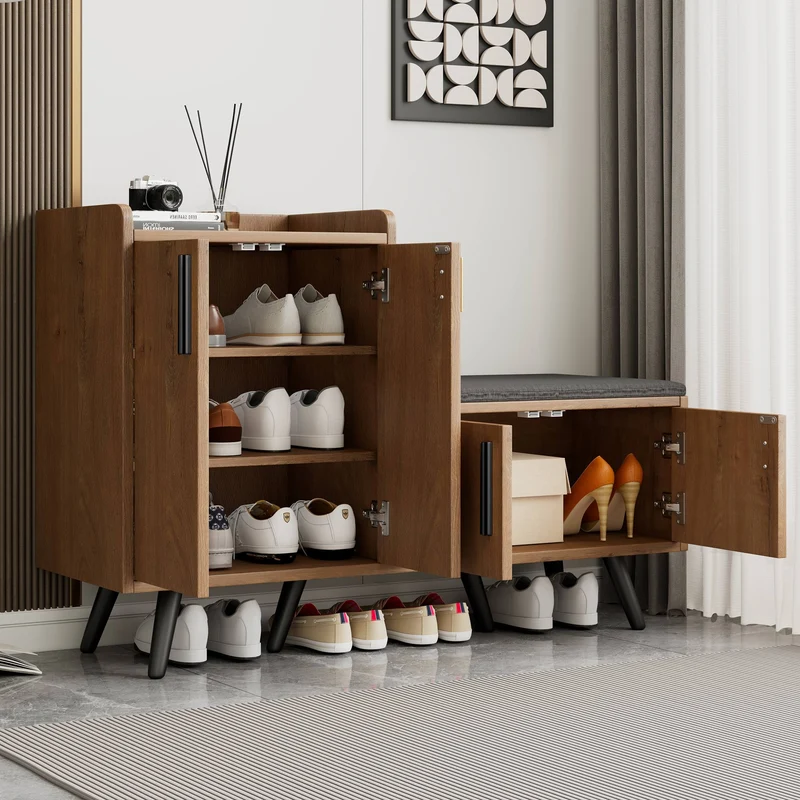 Meuble à chaussures effet bois naturel, 4 portes, banc tissu gris 120x34x82cm ARMOIREAIR