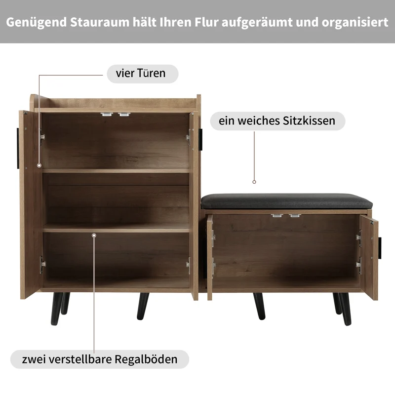 Meuble à chaussures effet bois naturel, 4 portes, banc tissu gris 120x34x82cm ARMOIREAIR