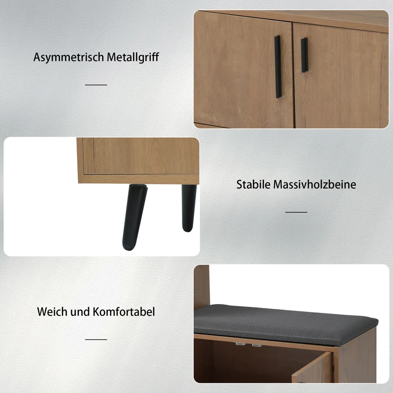 Meuble à chaussures effet bois naturel, 4 portes, banc tissu gris 120x34x82cm ARMOIREAIR