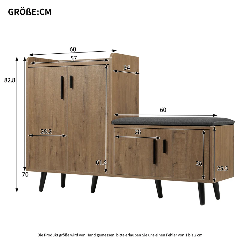 Meuble à chaussures effet bois naturel, 4 portes, banc tissu gris 120x34x82cm ARMOIREAIR