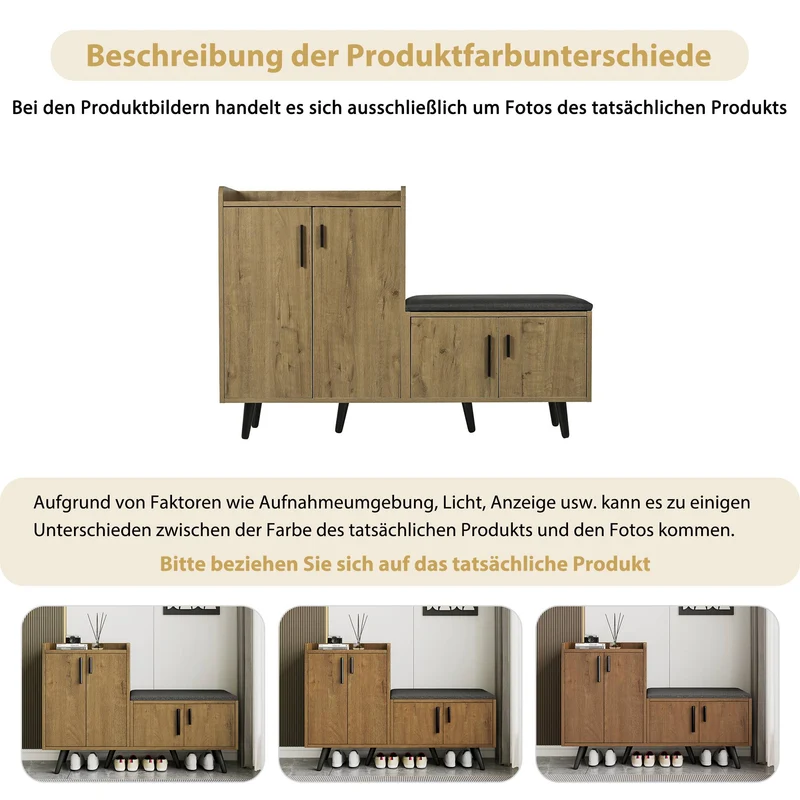Meuble à chaussures effet bois naturel, 4 portes, banc tissu gris 120x34x82cm ARMOIREAIR