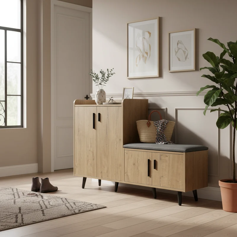 Meuble à chaussures effet bois naturel, 4 portes, banc tissu gris 120x34x82cm ARMOIREAIR