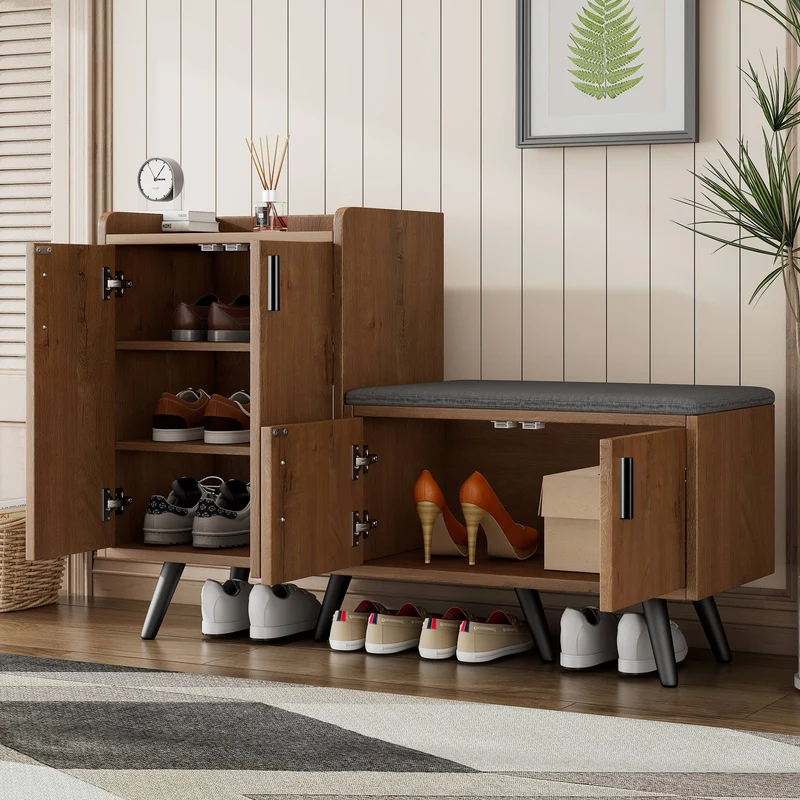 Meuble à chaussures effet bois naturel, 4 portes, banc tissu gris 120x34x82cm ARMOIREAIR