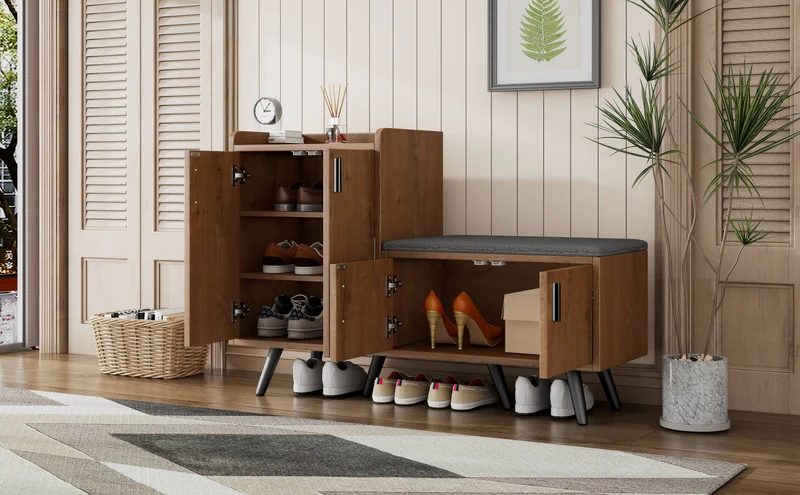 Meuble à chaussures effet bois naturel, 4 portes, banc tissu gris 120x34x82cm ARMOIREAIR