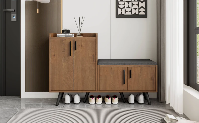 Meuble à chaussures effet bois naturel, 4 portes, banc tissu gris 120x34x82cm ARMOIREAIR