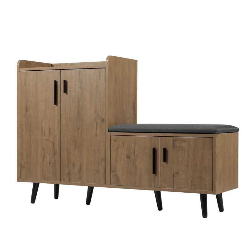 Meuble à chaussures effet bois naturel, 4 portes, banc tissu gris 120x34x82cm ARMOIREAIR